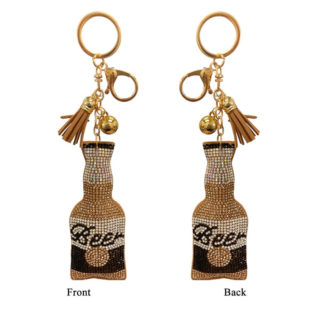 Beer Bottle Double Sided Rhinestones Keychain Charm for Purse and Backpack